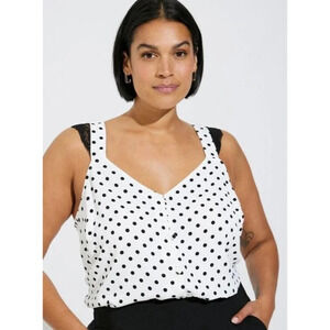 torrid White Polka Dot Button-Front Tank with Black Lace Trim
